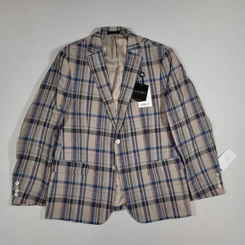 LRL Ralph Lauren Linen‎ Sport Coats Mens 38R Tan Blue Plaid Flex Blazer $295 NEW